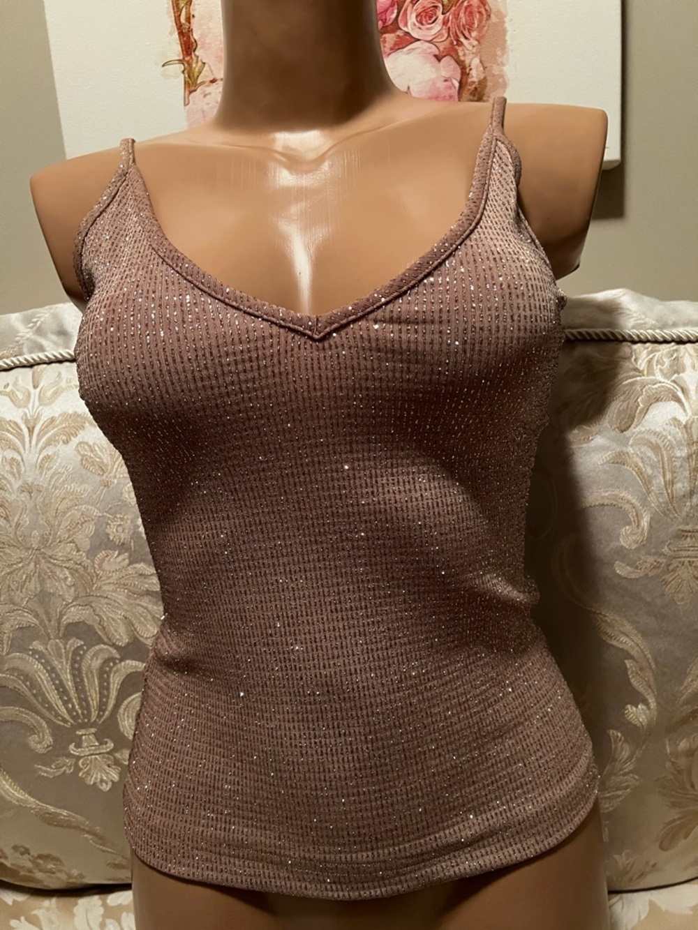 NWOT Sparkle Ribbed V-Neck Cami - Tan Color